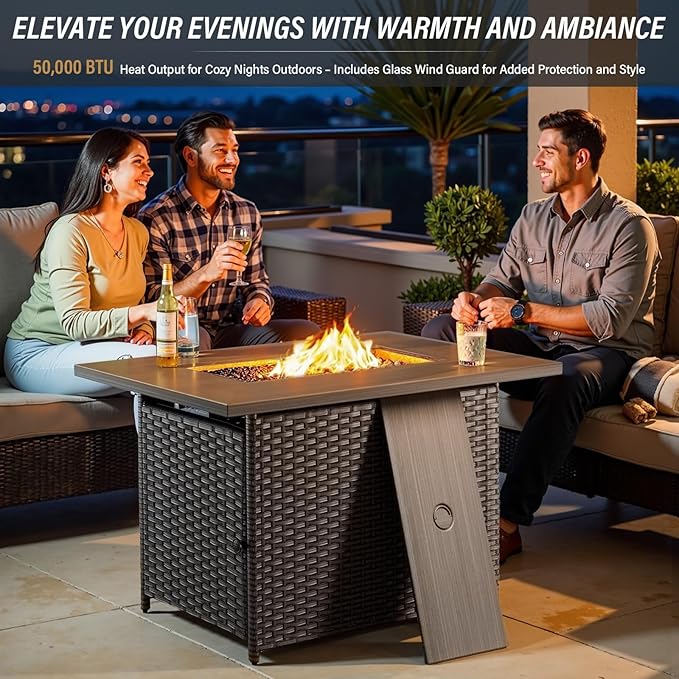 Belord Luxurious 7 Piece Patio Furniture Set with Fire Pit Table, High Back Swivel Rocker Glider Outdoor Chairs with 6" Blue Cushion, All-Weather Patio Conversation Set for Yard Garden Brown Wicker