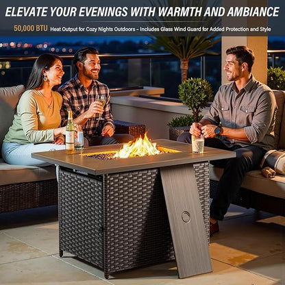 Belord Wicker Patio Furniture Set with 41” Fire Pit Table - Swivel Rocker Glider Outdoor Chairs with Sofa and Glass Top Side Table, All-Weather Removable 6" Blue Seat Cushion for Warm Patio Evenings