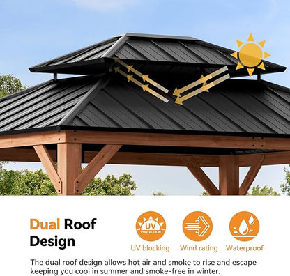 Modern Shade Rosewood Wood Gazebo 10' x 12', Cedar Framed Grill Gazebo with Double Galvanized Steel Roof, Permanent Hardtop Pavilion with Sturdy Hooks for Garden, Backyard, Patio, and Deck