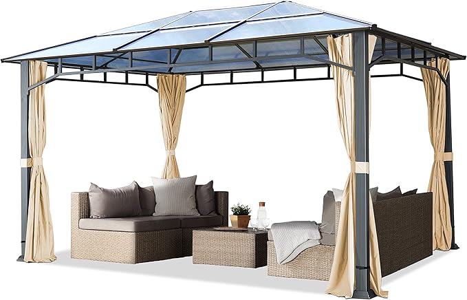 TOOLPORT Hardtop Gazebo 10x13 ft with Aluminum Frame and Approx. 8 mm Polycarbonate Roof - Side Panels in Champagne