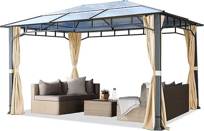 TOOLPORT Hardtop Gazebo 10x13 ft with Aluminum Frame and Approx. 8 mm Polycarbonate Roof - Side Panels in Champagne