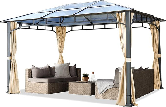 TOOLPORT Hardtop Gazebo 10x13 ft with Aluminum Frame and Approx. 8 mm Polycarbonate Roof - Side Panels in Champagne