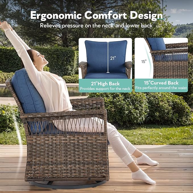 6 Pieces Wicker Patio Furniture Set - Hollow Widen Armrests Outdoor Swivel Glider Chairs and 3 Seat Sofa with Coffee Table & Ottomans for Balcony Porch Deck and Yard - Brown/Blue