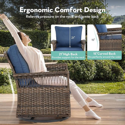 6 Pieces Wicker Patio Furniture Set - Hollow Widen Armrests Outdoor Swivel Glider Chairs and 3 Seat Sofa with Coffee Table & Ottomans for Balcony Porch Deck and Yard - Brown/Blue