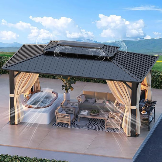 HOTEEL 10x15 Hardtop Gazebo with Flame-Retardant Curtain & Netting, Hot Tub Gazebo with Galvanized Steel Double Roof, Heavy Duty Permanent Pavilion Outdoor for Patio, Frame Thickened, Brown(Upgraded)