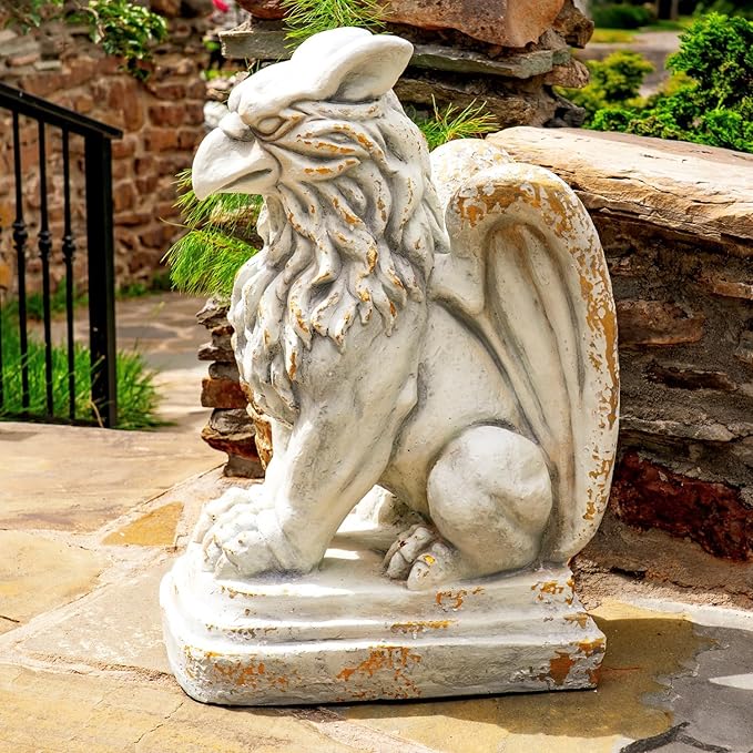 Zaer Ltd. Set of 2 Garden Griffin Statues, Magnesium-Cement Sculptures, 28.3" H Outdoor Entrance Decor (Distressed Gray)
