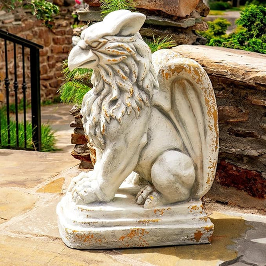 Zaer Ltd. Set of 2 Garden Griffin Statues, Magnesium-Cement Sculptures, 28.3" H Outdoor Entrance Decor (Distressed Gray)
