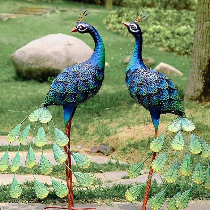Kircust Solar Metal Peacock Statues - Set of 2 Weatherproof Outdoor Decor with Solar Lights for Garden, Yard, or Patio - Elegant Peacock Gifts
