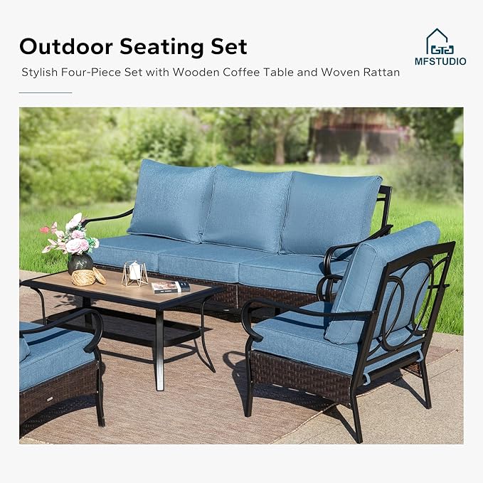 MFSTUDIO 4 Pieces Outdoor Patio Furniture Set, Metal Outdoor Conversation Set, Rattan Wicker Patio Sectional Sofa Set with 2 x Rocking Single Sofa, 3-Seat Sofa, 1 x Coffee Table, Navy Blue