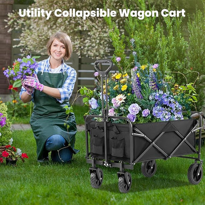 OLIXIS Heavy Duty Wagon Cart, 360 lbs Foldable Large Collapsible Wagons Carts with Wheels Smooth Maneuverability for All-Terrain, Suitable for Gardening, Camping, Beach - Black
