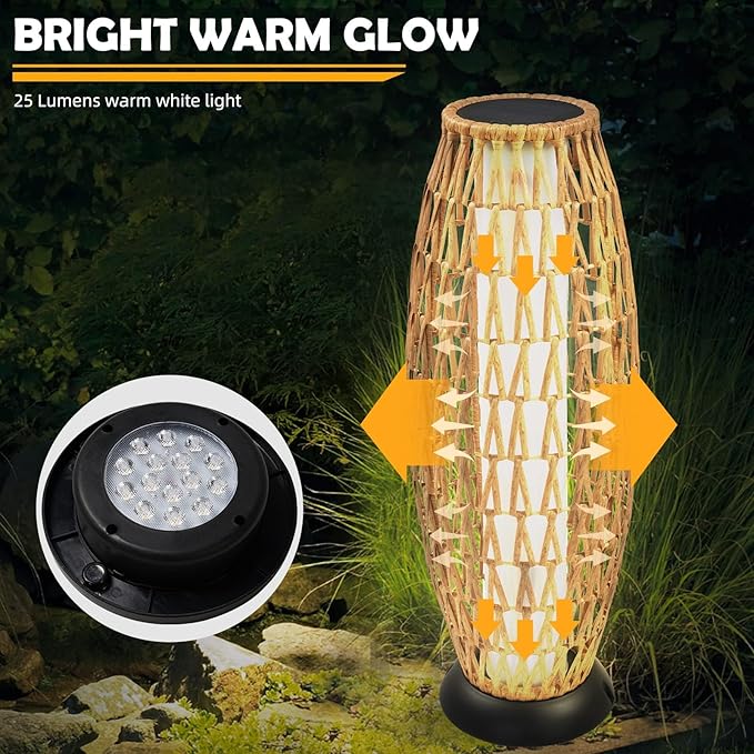 Solar Yard 2-Pack 29" Outdoor Solar-Powered Woven Wicker Boho Lantern Floor Lamp, Decoration for Deck Garden, Pathway, Oslo Natural