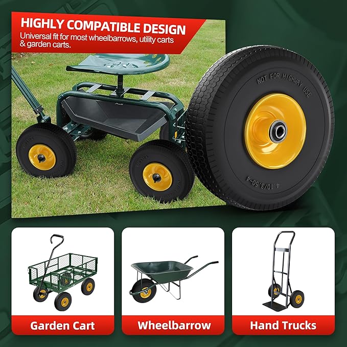 4.10/3.50-4 Tire and Wheel Flat Free,10-Inch Solid Wheel Replacement with 5/8 Extra 3/4 &1/2 Bearings,2.2" Offset Hub -Compatible with Hand Truck,Wheelbarrow,Dolly(Wave,Yellow)