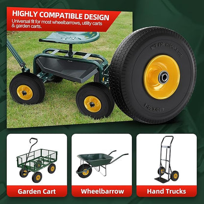 4.10/3.50-4 Tire and Wheel Flat Free,10-Inch Solid Wheel Replacement with 5/8 Extra 3/4 &1/2 Bearings,2.2" Offset Hub -Compatible with Hand Truck,Wheelbarrow,Dolly(Wave,Yellow)