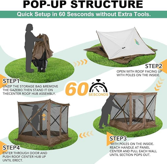 COBIZI 6x6 Pop up Gazebo Tent, Ez up Waterproof Screen Tent Screen House, Portable Outdoor Canopy Sun Shelter with Carry Bag & Ground Stakes for Camping, Garden and Picnics, Brown(Upgraded 2.0)