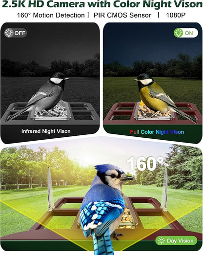 Smart Bird Feeder with Camera Solar Powered, 2.5K Live Video Bird House Camera, AI Identifies, Auto Capture & Notify, Motion Detection, Cloud Storage, Color Night Vision, Ideal Gift for Bird Watching