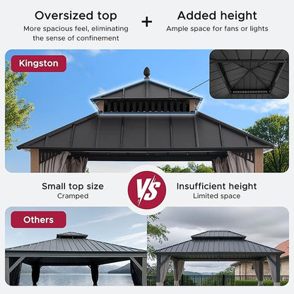 SUNJOY Kingston 10' x 10' Hardtop Gazebo with Galvanized Steel Double Roof, Curtain and Netting, Woodgrain Finish Aluminum Posts Permanent Pavilion Gazebo for Garden, Patio, Deck, Lawn