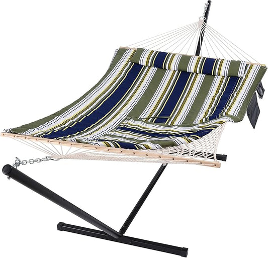 SUNCREAT Hammocks Double Outdoor Hammock with Stand, Cotton Rope Two Person Hammock with Polyester Pad & Large Pillow, Blue& Gray