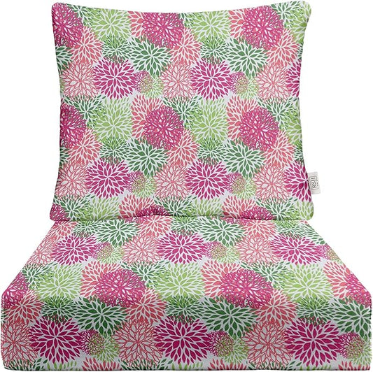 RSH DECOR Deep Seating Cushion with Pillow Back | 24” x 23” Seat | Water and Fade-Resistant Spun Fabric | Outdoor Chair Cushion Set for Patio Furniture | Floral Blooms Harmony Pink