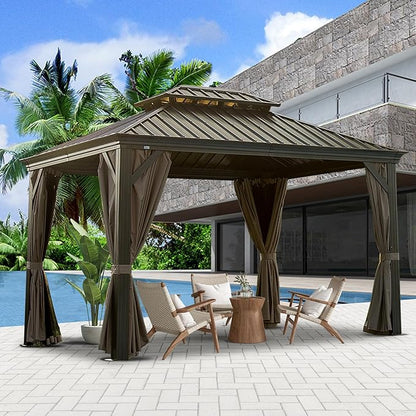 Domi Outdoor Living 10’ X 12’ Hardtop Gazebo, Outdoor Aluminum Frame Canopy with Galvanized Steel Double Roof, Outdoor Permanent Metal Pavilion with Curtains and Netting for Patio, Backyard and Lawn