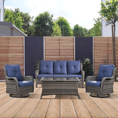 Patio Furniture 4 Piece, All-Weather PE Wicker Outdoor Furniture Set with Coffee Table,Outdoor Patio Furniture with Swivel Rocker Chairs and Outdoor Sofa