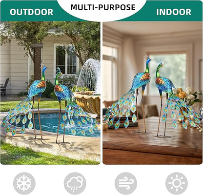 32" Tall Metal Peacock Garden Statue, Handmade Oversized Couple Peacock Sculptures with Anchor Ground Stakes, Iron Ornament Yard Art Decor for Garden, Patio, Entryway Porch, or Home Space.