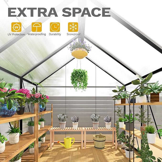 DWVO 6x8FT Polycarbonate Greenhouse Heavy Duty Green Houses Outdoor Aluminum Greenhouses with Sliding Doors Vent Window Walk-in Greenhouse Large Sun House for Garden Backyard, Matte Black