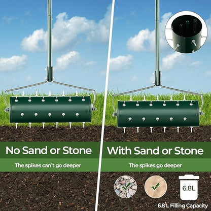 IRONMAX Rolling Lawn Aerator, Sand/Stone Filled Manual Dethatching Soil Aerating Push Tool with Ergonomic Handle, Grass Aerator Lawn Tool for Yard, Garden, Lawn Health Care (21''W x 51''H)