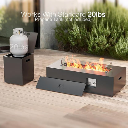 42" Outdoor Fire Pit Table, 50,000 BTU Gas Fire Pit with Glass Windshield, Rocks, Waterproof Cover, Propane Fire Pit Table for Outside Patio (Black, 42 inch)