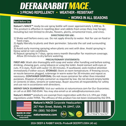 Nature’s Mace Deer and Rabbit MACE, Deer Repellent Spray For Plants, 40oz Ready-To-Use, Deer Deterrent, For Home & Garden, Protect Plants Fast, Keep Deer Out, Safe Around People, Pets, Plants, Produce