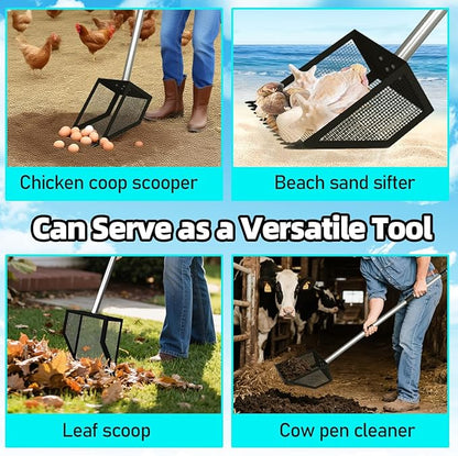 Chicken Poop Scooper for Coops Small Farm Animals with Fine Sieve Coop Rake 2-in-1 Scoop 24" to 67" Adjustable Stainless Steel Handle Durable Sand Sifting Litter Shovel for Animal Sheds Garbage