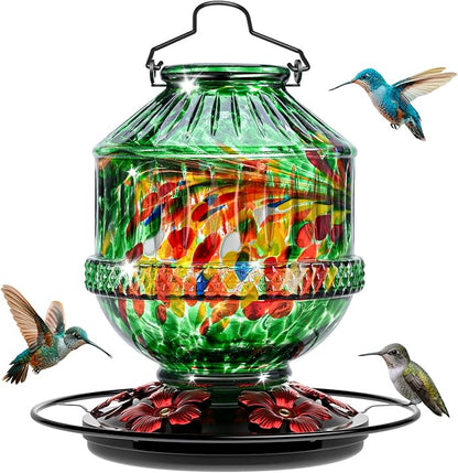 Hand Blown Glass Hummingbird Feeders for Outdoors, 25 Ounces Wild Bird Nectar Feeder with Perch & 5 Flower Feeding Ports Leak Proof Hanging for Garden Backyard Decor, Gifts for Women Mom, Green