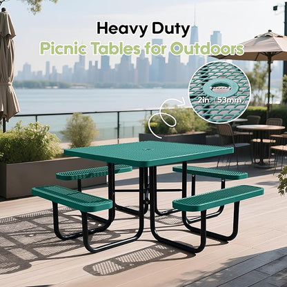 46Inch Square Picnic Table for 8 Person, Outdoor Heavy Duty Sturdy Picnic Tables with 4 Benches & Umbrella Hole, Commercial Metal Patio Picnic Table for Garden, BBQ, Coffee Store, Party, Porch (Green)