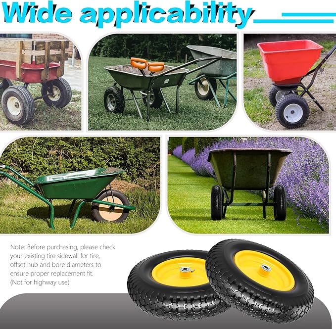 16" 4.80/4.00-8" Flat-Free Solid Wheelbarrow Wheel and Tire, 3"-7"Centered Hub with 5/8"&3/4" Bearings for Wheelbarrows Utility Cart Lawn Dollies