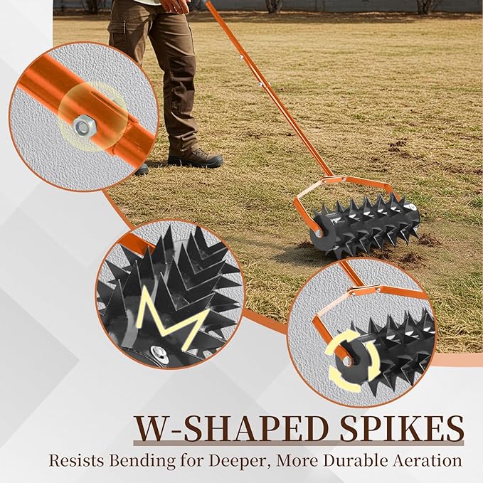 Outvita 60’’ Rolling Lawn Aerator, Heavy Duty Manual Aerator Lawn Tool for Garden Yard Patio with W-Shaped Blades ＆ 49" Handle (Orange)