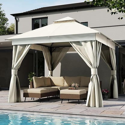 LAUSAINT HOME Outdoor Patio Gazebo 10'x10' with Expansion Bolts, Heavy Duty Gazebos Shelter Party Tent with Double Roofs, Mosquito Nettings and Privacy Screens for Backyard, Garden, Lawn, Cream White