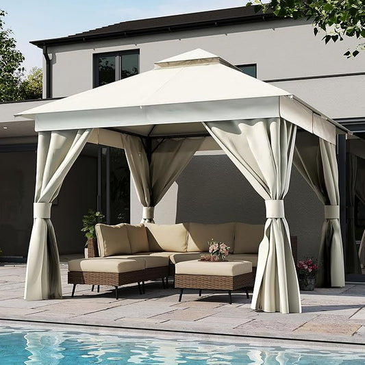 LAUSAINT HOME Outdoor Patio Gazebo 10'x10' with Expansion Bolts, Heavy Duty Gazebos Shelter Party Tent with Double Roofs, Mosquito Nettings and Privacy Screens for Backyard, Garden, Lawn, Cream White