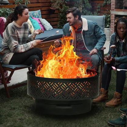 32" Wood Burning Fire Pits with Grill & Lid, Fire Pit Table for Outside with Waterproof Cover & Fire Poker, Outdoor Firepit with Functions for BBQ,Table and Bonfire