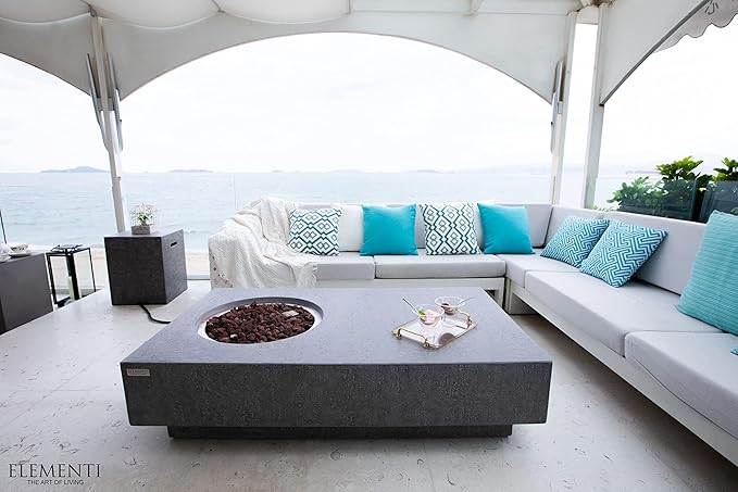 Elementi | Metropolis Gas Fire Pit Cast Concrete 56" Rectangular Fire Table, Outdoor Fire Pit Electronic Ignition | Canvas Cover, Lava Rock Included | Light Gray (Natural Gas)
