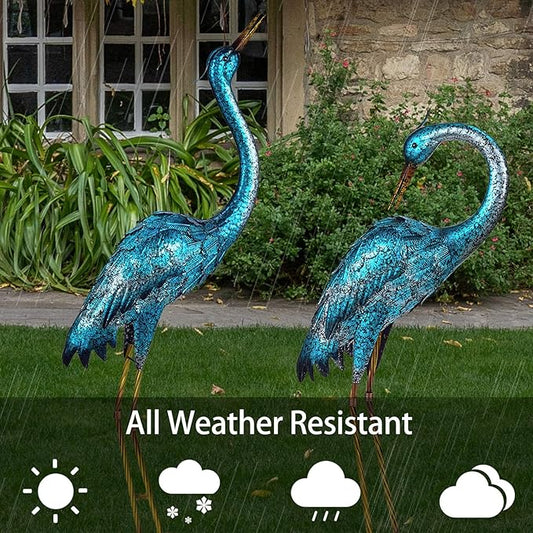 Kircust Garden Sculpture & Statues, Blue Heron Lawn Ornaments Standing Metal Crane Yard Art Large Size Bird Decoy for Outdoor Lawn Backyard Porch Patio Decoration, Set of 2