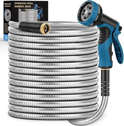 Garden Hose 40FT, Water Hose with 10 Function Nozzle, Garden Hose Metal with Leak-proof Connectors, Kink-Free & Ultra Flexible, Rust/Pet/Puncture Proof for Lawn, Yard, RV, Car Wash, 550PSI