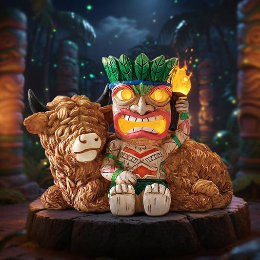 Funny Tiki Highland Cow Solar Garden Statue with LED Light - Outdoor Yard Lawn Patio Decor - Great Birthday Housewarming Gift for Women, Mom, Grandma