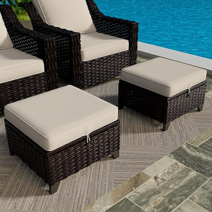 Vista Vibe 2 Pieces Patio Wicker Ottomans, Luxurious Footstools, Outdoor Small Footrest, Wicker Furniture with Removable Cushions, All-Weather PE Rattan, Garden, Backyard, Porch(Brown/Beige)