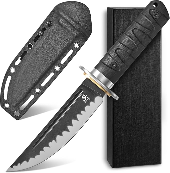 Sitivien ST29 Fixed Blade Knife, AUS-10 Steel Blade G10 Handle Full Tang Bowie Knife for Outdoor Camping Hunting Fishing Working(Black)