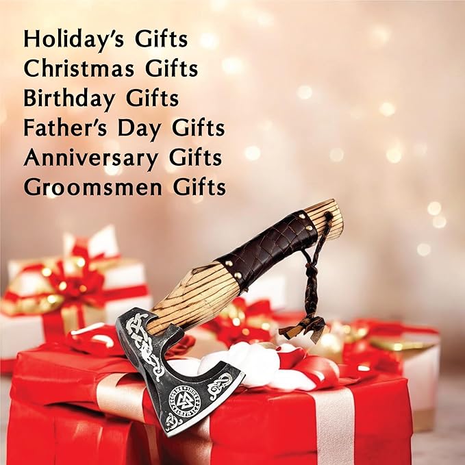 Viking Axe Ashwood Handle Handmade Carbon Steel Blade, Outdoor Camping Hunting, Norse Hatchets Axes, with Leather Wrapped Handle & Leather Sheath Wood Splitting Axes