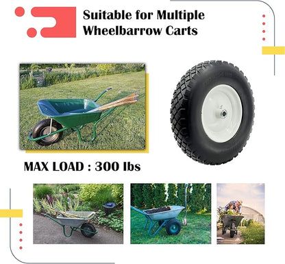 2-Pack 4.80-8 Wheelbarrow Tire and wheel with 3"-6''Centered Hub, 3/4" or 5/8''or 1/2'' Bearings, 16‘’ Tire Assembly for Hand Truck,Garden Cart (4.80/4.00-8 Flat Free,3"Center Hub,Knobby Tread)