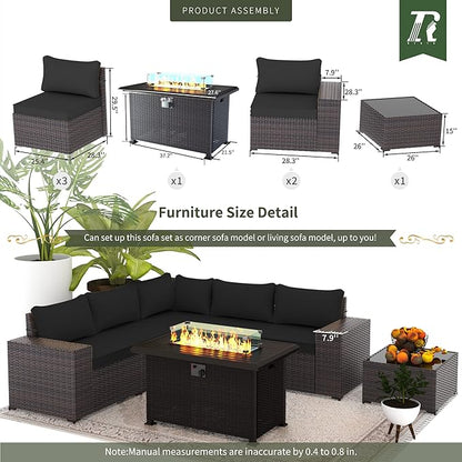 Outdoor Patio Furniture Set with Propane Fire Pit Table, 7 Pieces Outdoor Furniture Patio Sectional Sofa Conversation Sets w/ETL Approved 43" Gas Outdoor Fire Table & Coffee Table (Black)