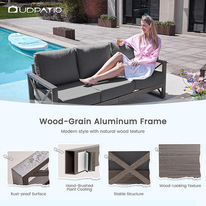 UDPATIO 4 Piece Faux Wood Aluminum Patio Furniture Set Modern Patio Conversation Set with Coffee Table for Balcony, Backyard, Deck, 600D Waterproof Furniture Cover Included, Dark Grey