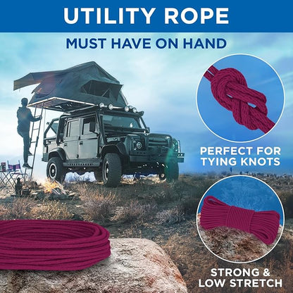 TECEUM Cotton Rope 3/16” (5 mm) – 100 FT – Strong All-Purpose Braided Rope – Natural Cotton – for Crafting, Сamping, Clothes Line, DIY, Indoor & Outdoor Use – Deep Pink