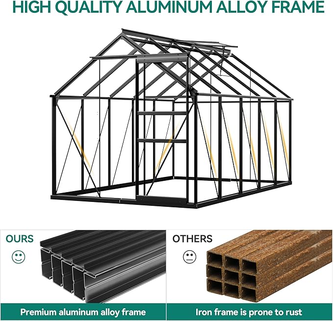 YITAHOME Polycarbonate 6X10FT Greenhouse Heavy Duty Green Houses Outdoor Greenhouses Aluminum Sliding Doors Vent Window for Garden Backyard, Black