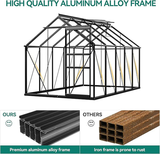 YITAHOME Polycarbonate 6X10FT Greenhouse Heavy Duty Green Houses Outdoor Greenhouses Aluminum Sliding Doors Vent Window for Garden Backyard, Black